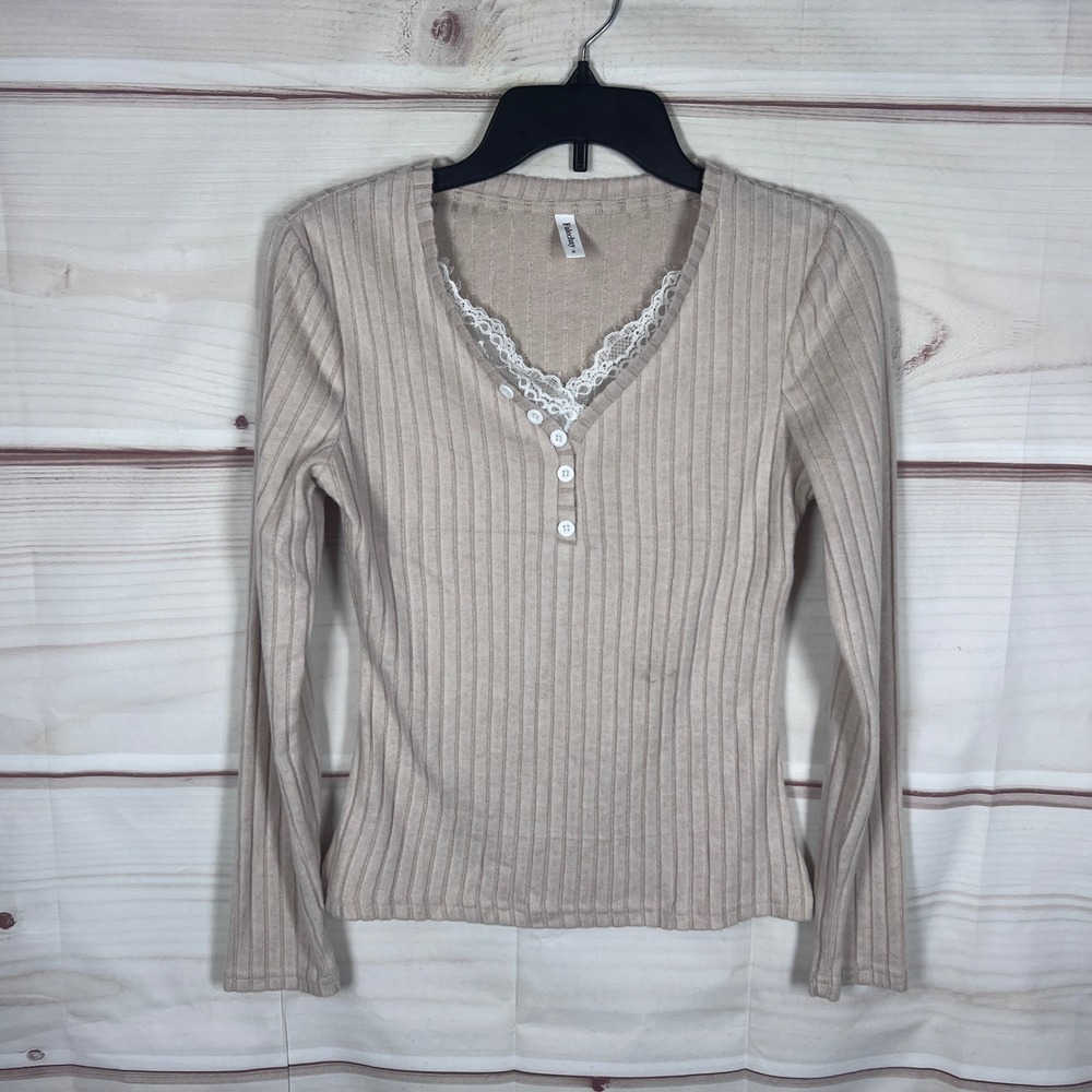 Falechay Top Womens Medium Beige Ribbed Henley Lace Trim Long Sleeve Coquette